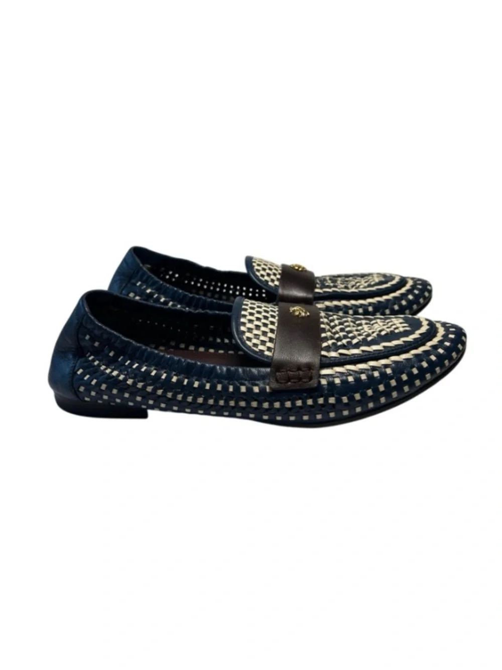 Tory Burch Woven Leather Ballet Loafers, slip-on, almond toe, double-T logo.